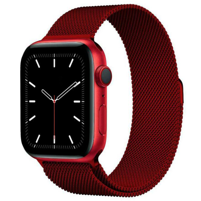 Red aluminum smartwatch with black dial and red mesh loop band