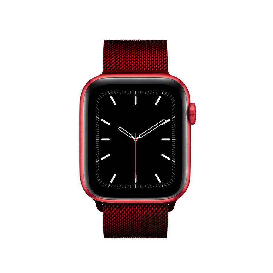 Red aluminum smartwatch with mesh Milanese loop band and black dial face showing white hour markers