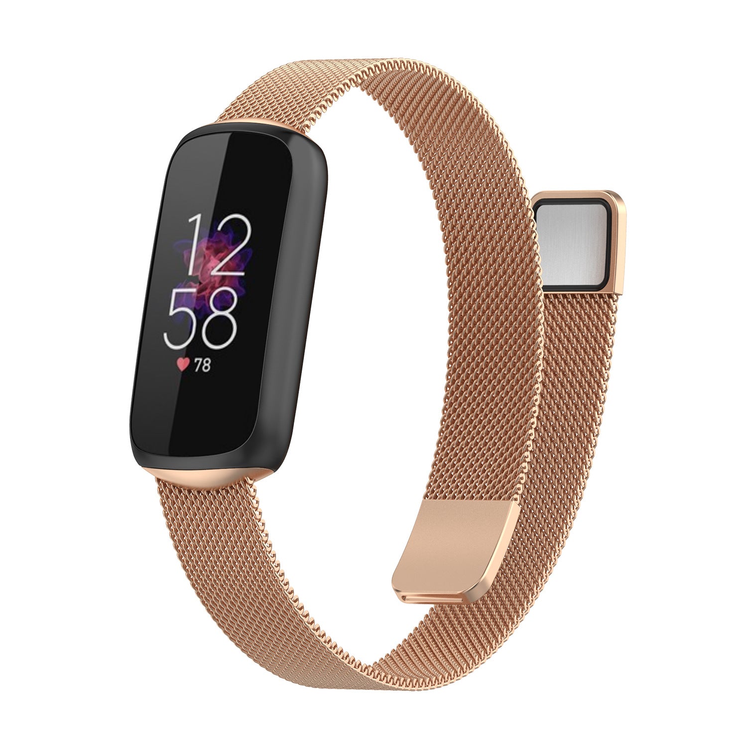 Rose gold Fitbit Luxe fitness tracker with rose gold mesh band, OLED display showing time and heart rate