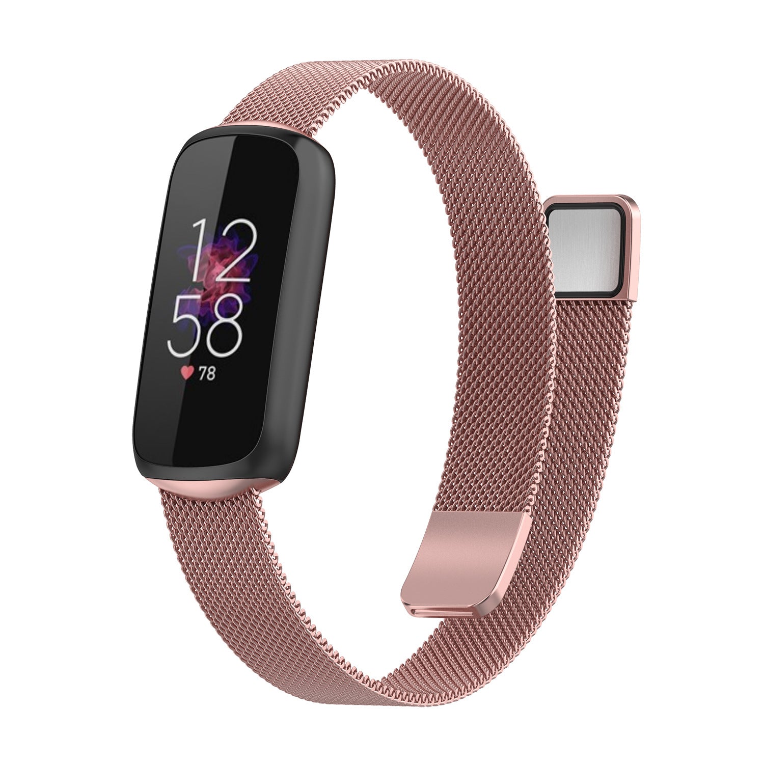 Rose gold Fitbit Luxe fitness tracker with stainless steel Milanese mesh band, displaying time and heart rate on OLED screen