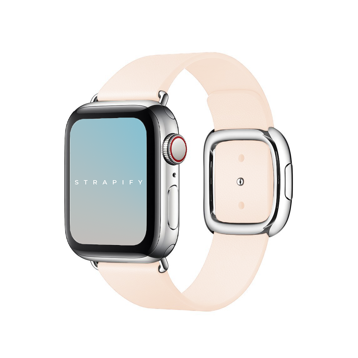 Strapify modern buckle smartwatch band in cream with silver stainless steel connector and adjustment clasp