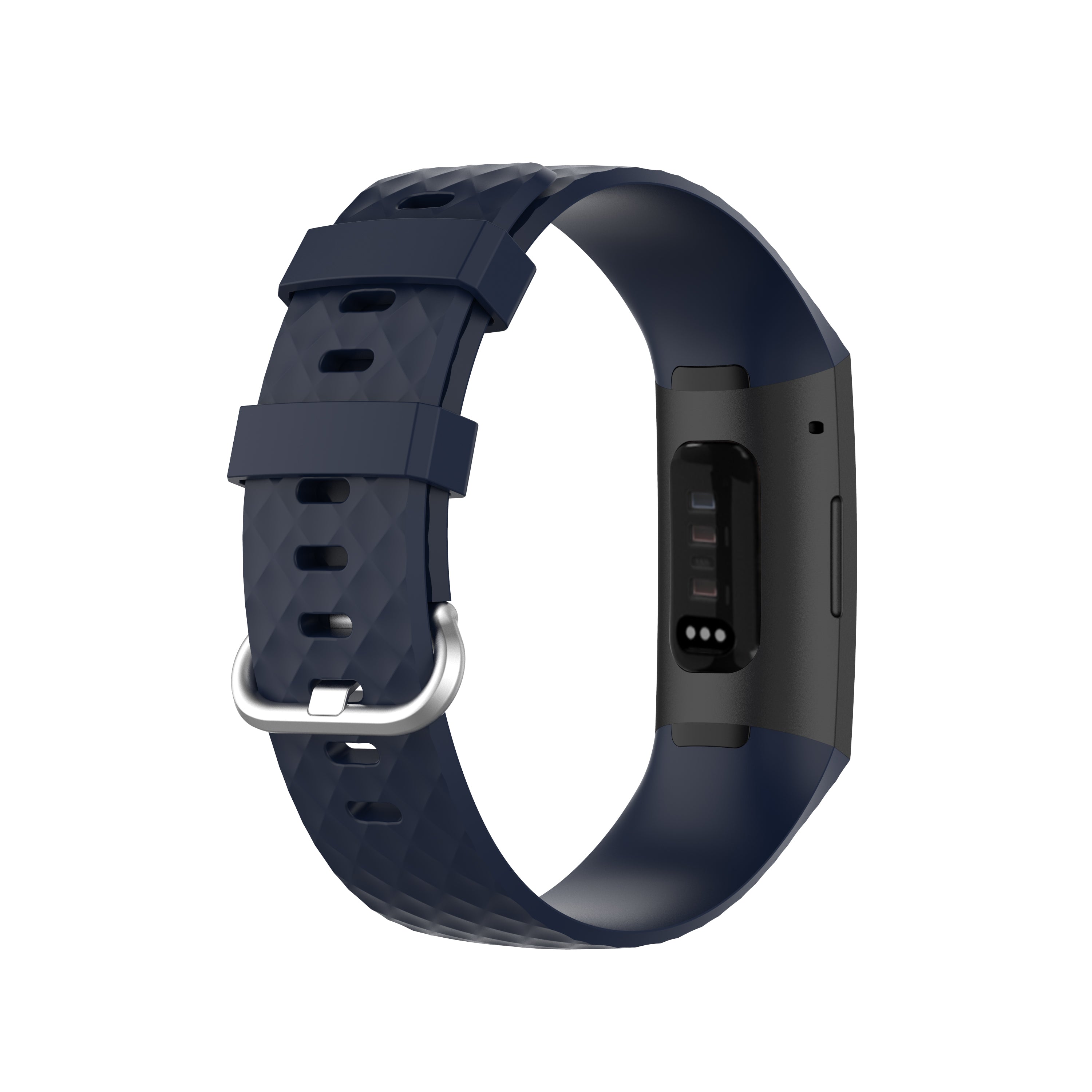 Navy blue flexi silicone replacement band for Fitbit Charge 3 and Charge 4 fitness tracker with silver buckle
