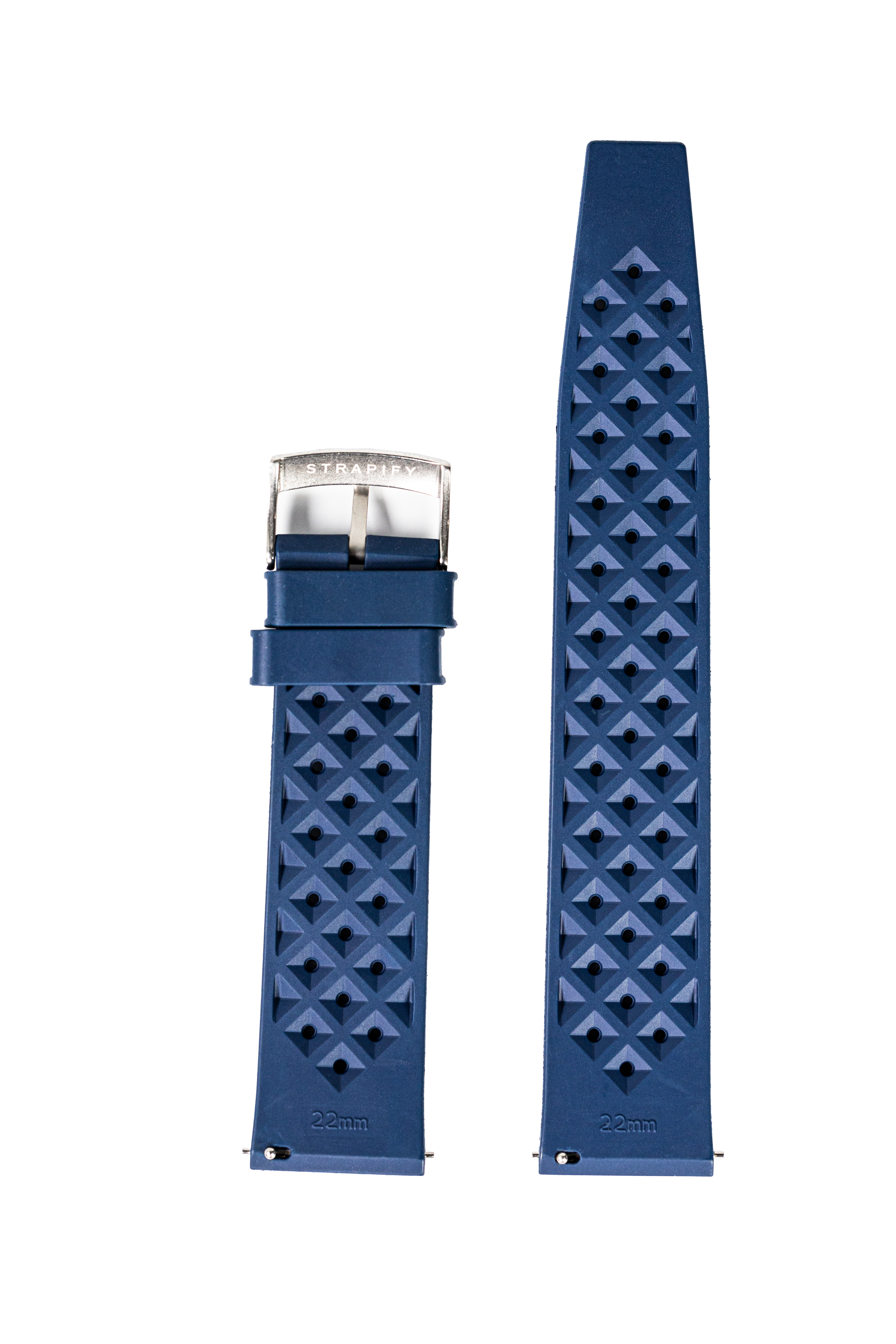 Navy blue Quick Release King Tropic FKM rubber watch strap 22mm with geometric pattern and stainless steel buckle