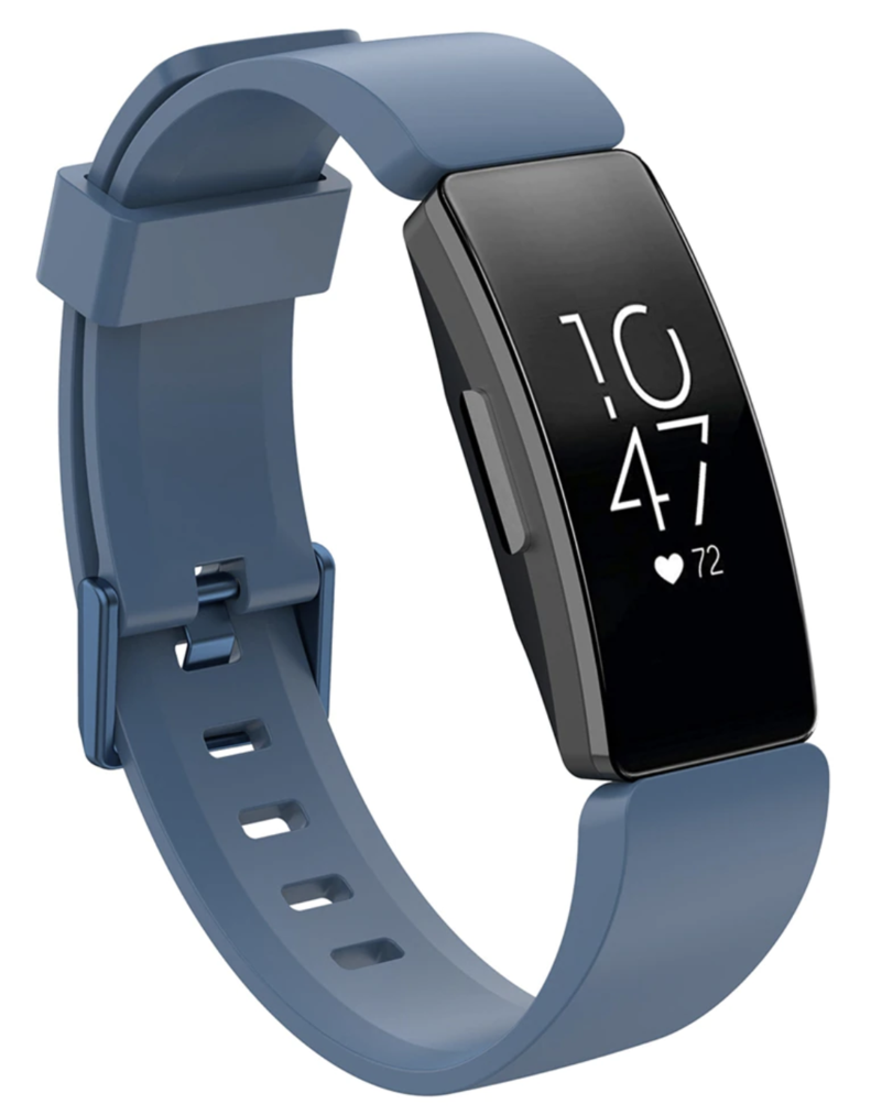 Blue silicone fitness tracker band with black display showing heart rate monitor and time, adjustable buckle strap