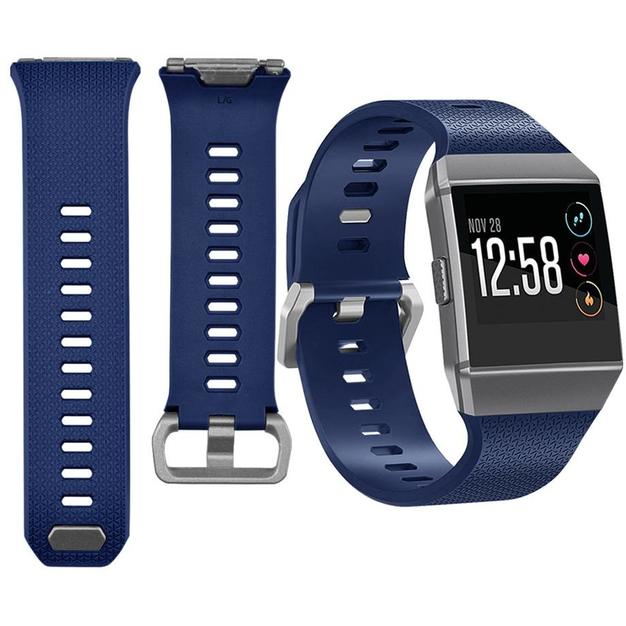 Navy blue silicone sport band for Fitbit Ionic smartwatch with textured grip and silver hardware connectors