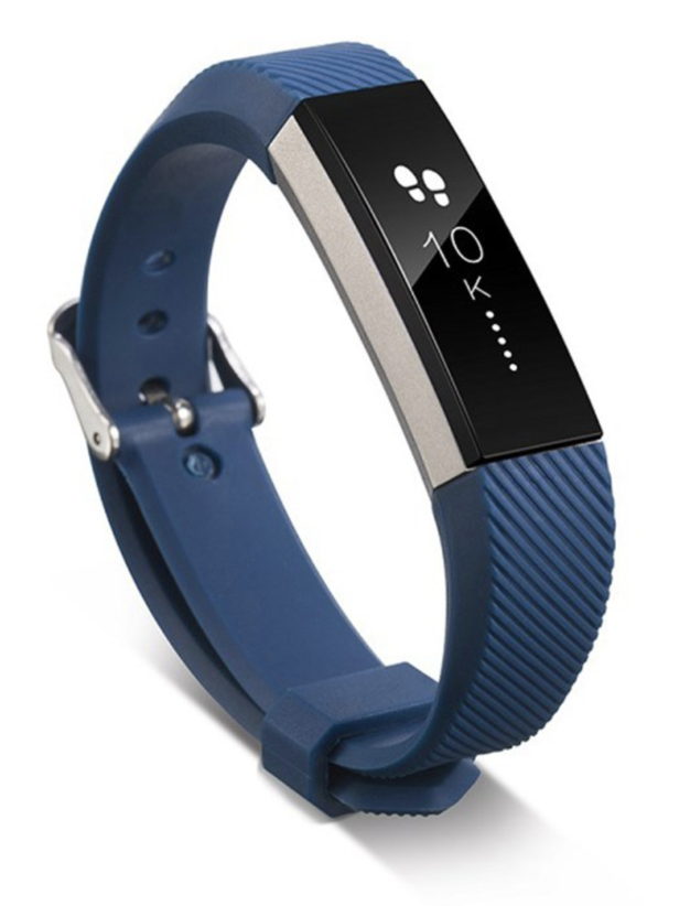 Navy blue silicone fitness tracker band with silver buckle clasp and textured wristband design