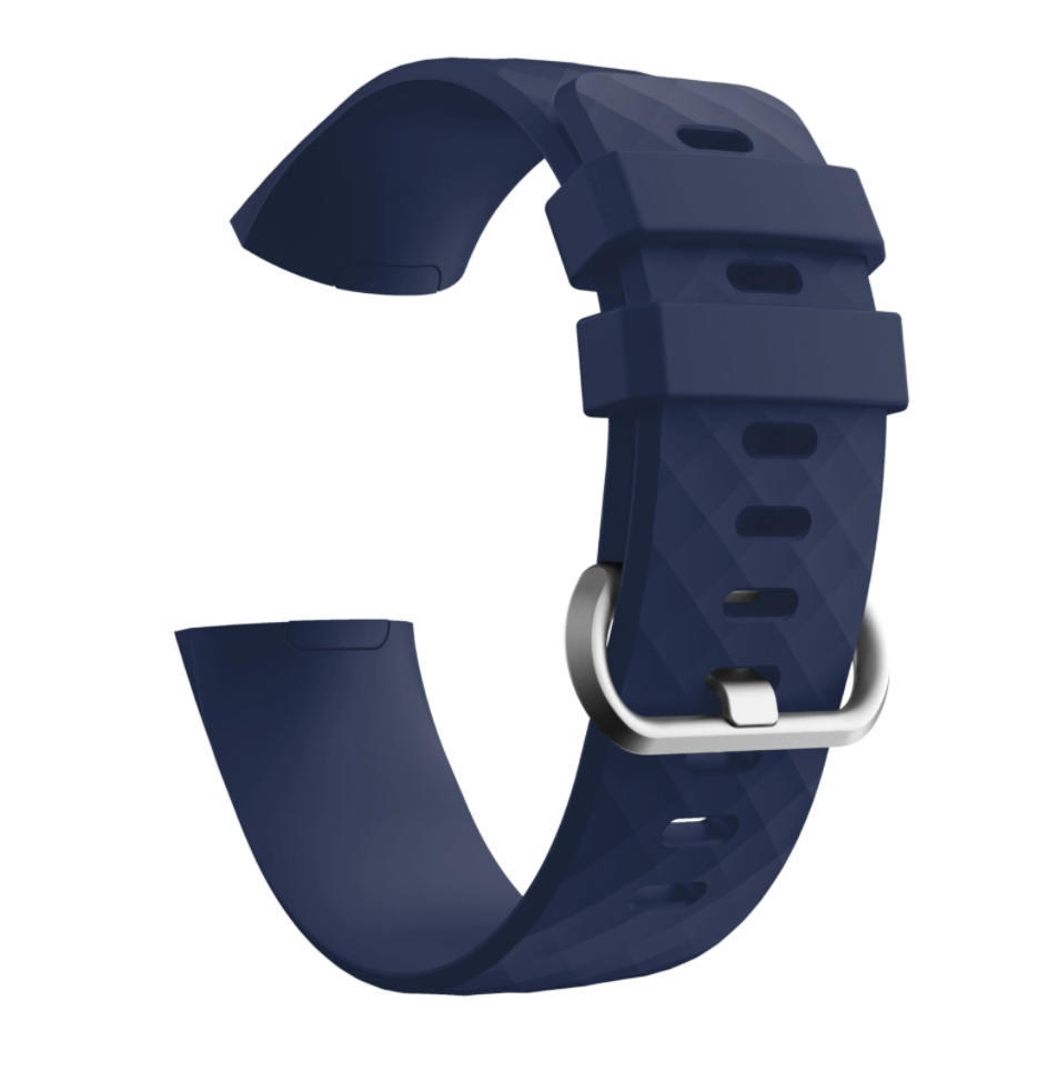 Navy blue silicone replacement band for Fitbit Charge 3 and Charge 4 fitness trackers with metal buckle clasp