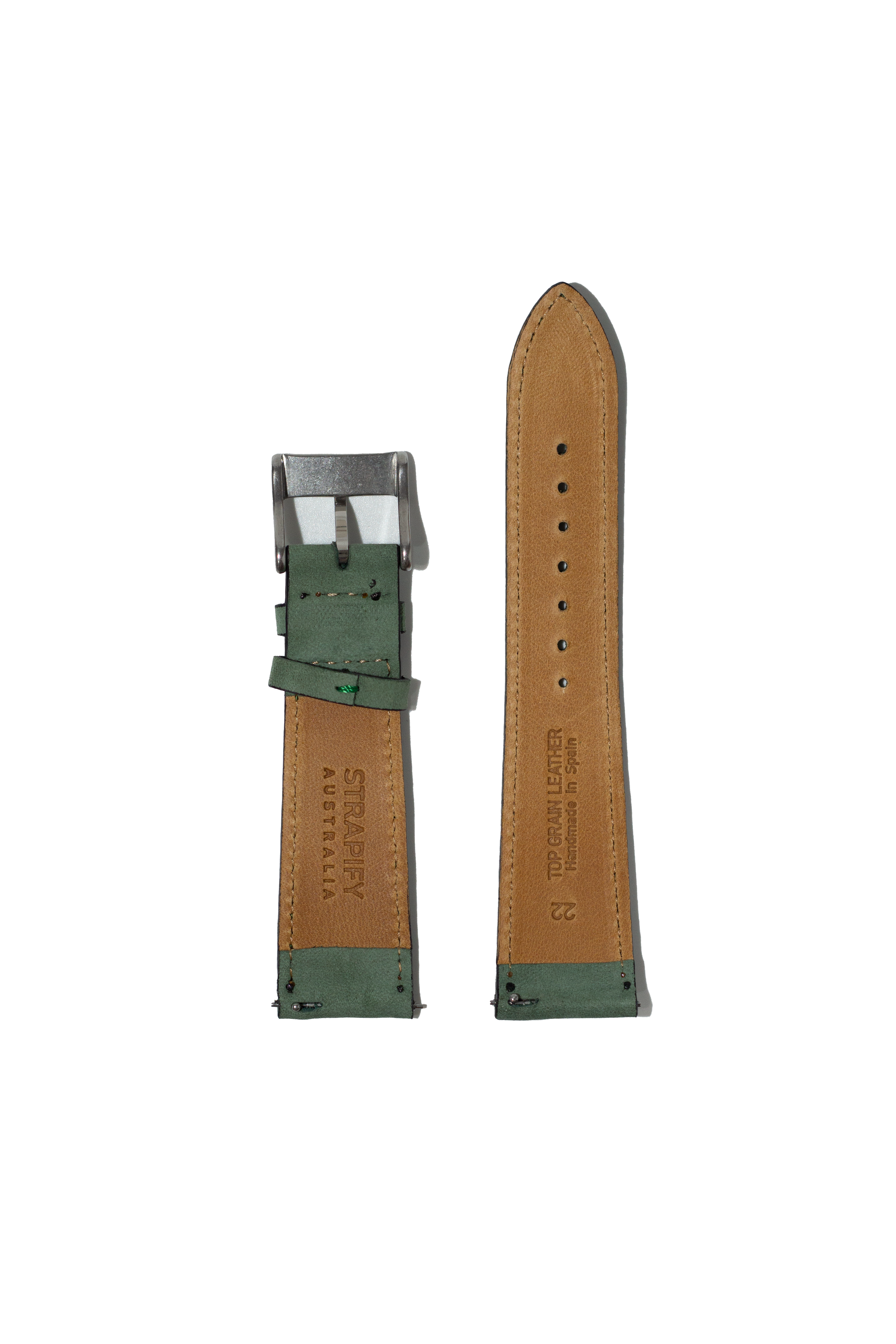 Quick release watch strap in tan nubuck leather with mint green panels and metal buckle clasp