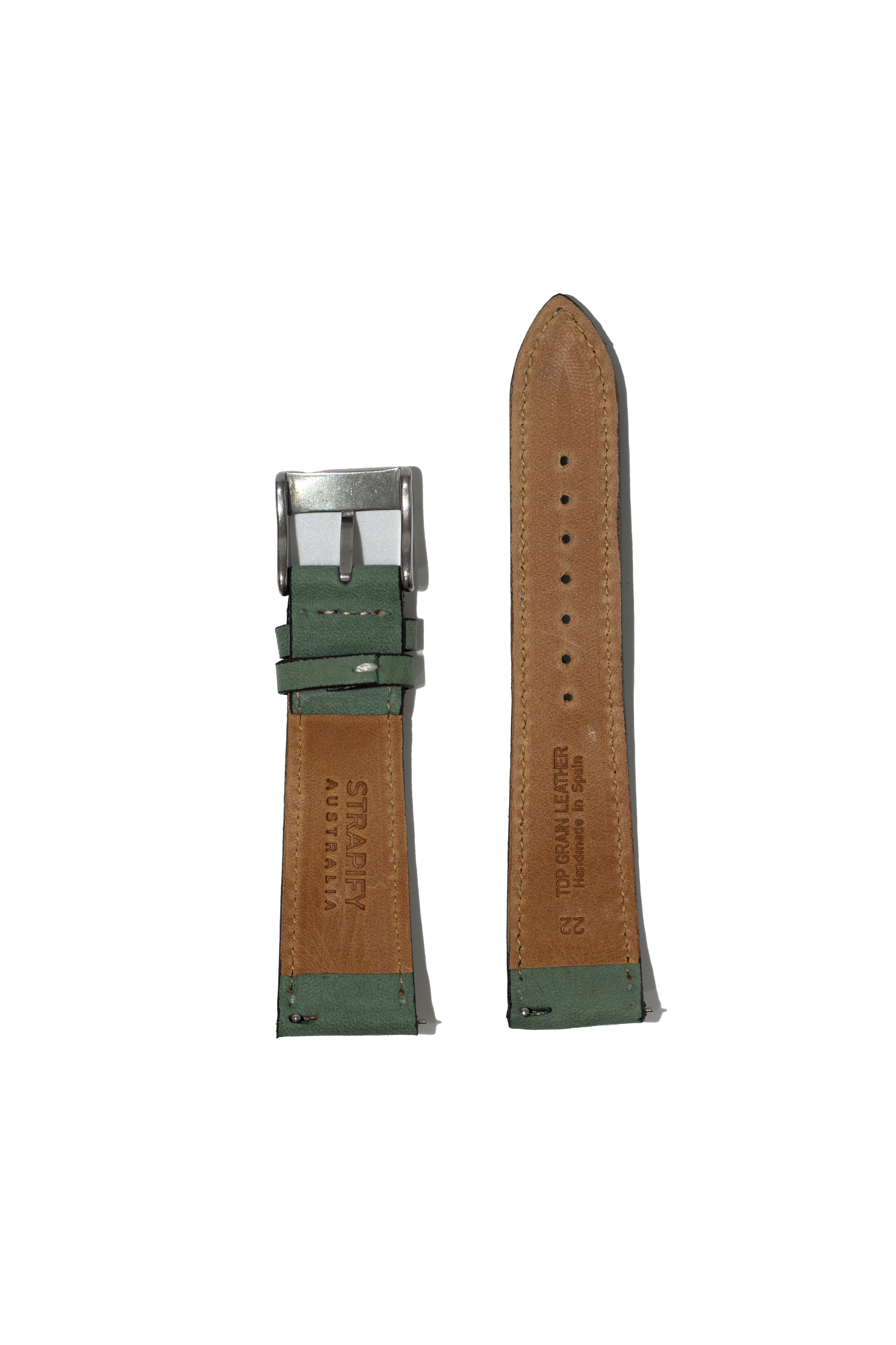Tan leather watch strap with mint green nubuck quick release, white stitching, and silver buckle shown open and closed views