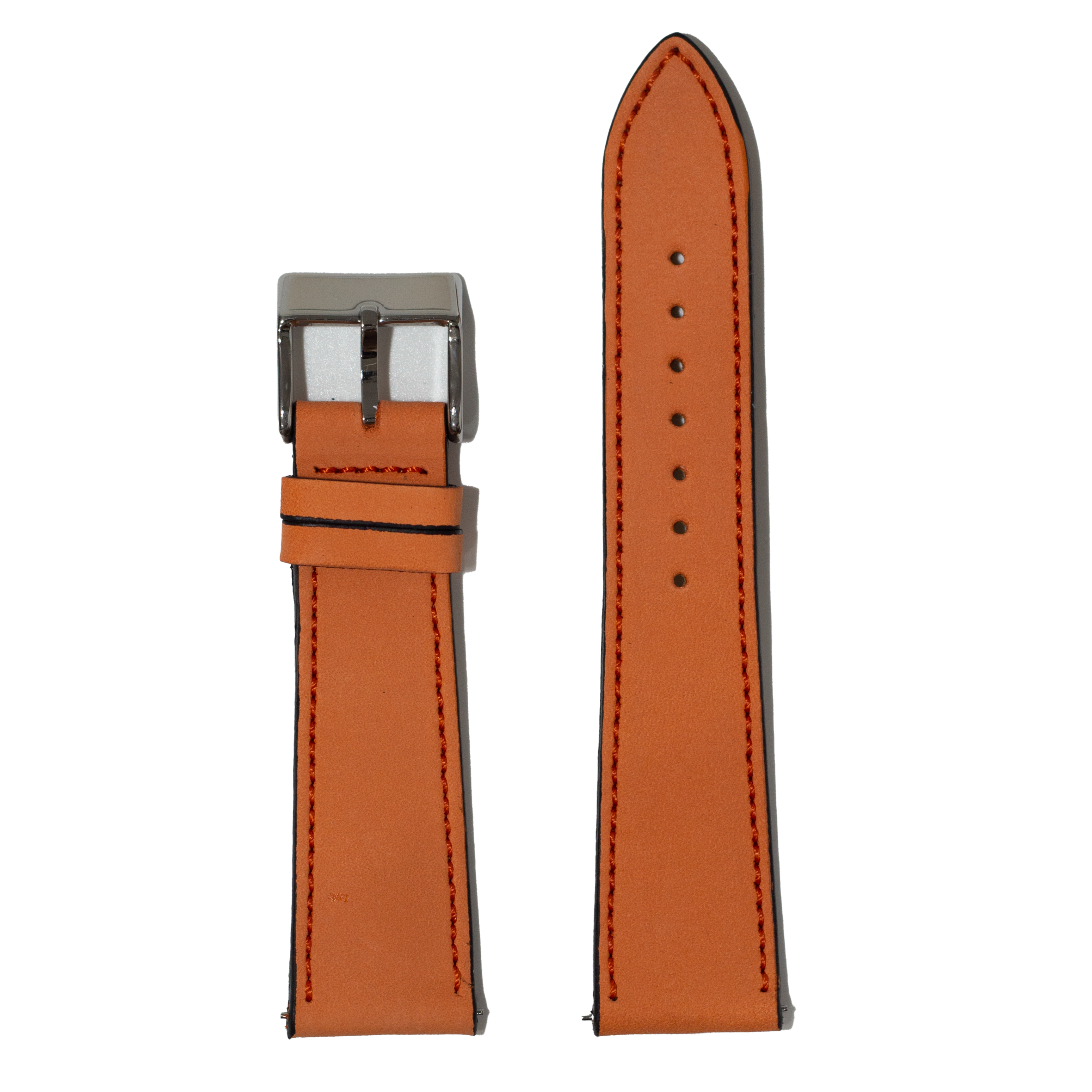 Sunburst orange nubuck leather Apple Watch band with contrast stitching and gunmetal buckle, shown assembled and unrolled