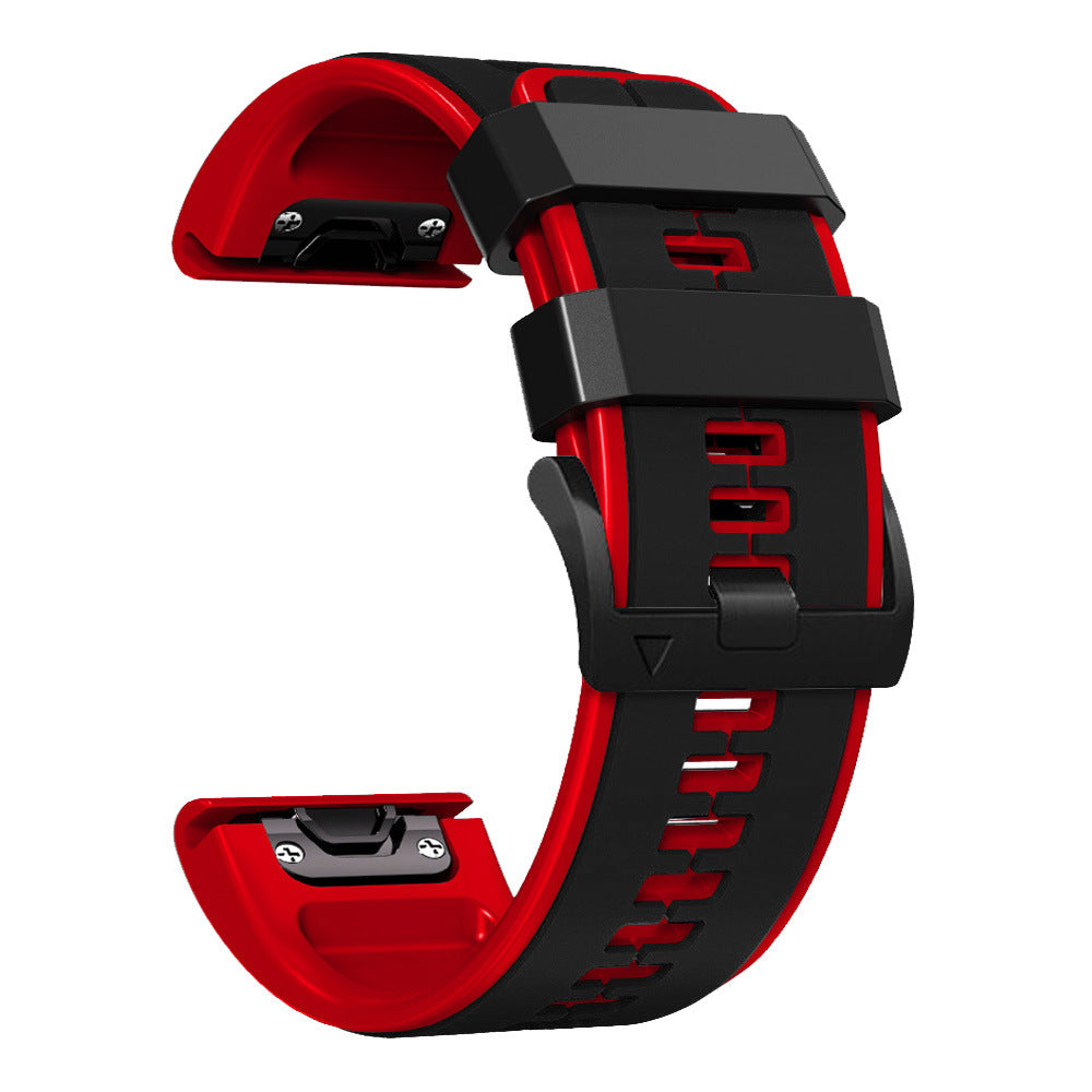 Red and black silicone sport watch band with quick-fit release mechanism and flexible two-tone design