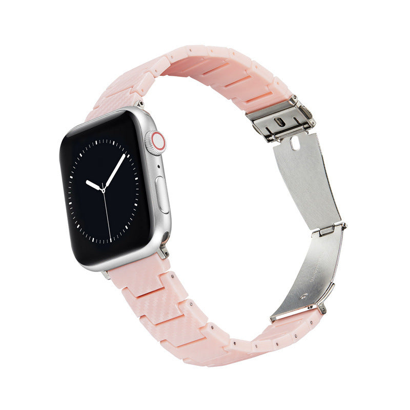 Silver and pink ceramic smartwatch band with butterfly clasp and stainless steel links for Apple Watch