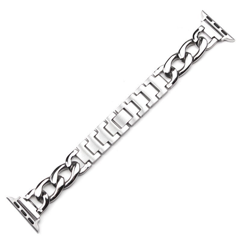 Silver chain link bracelet for Apple Watch with mixed metal design and secure connector clasp