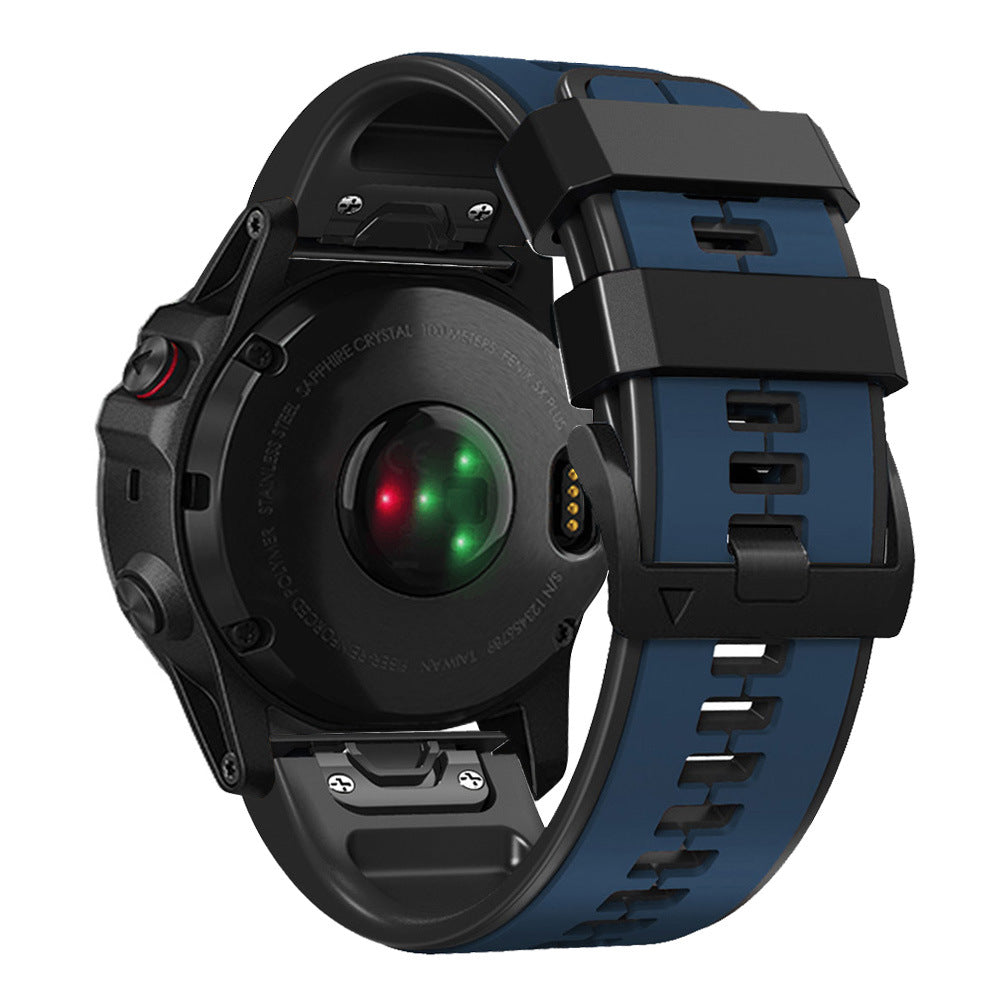 Black and blue silicone QuickFit watch band with dual-tone design and secure fastening mechanism for sports and daily wear