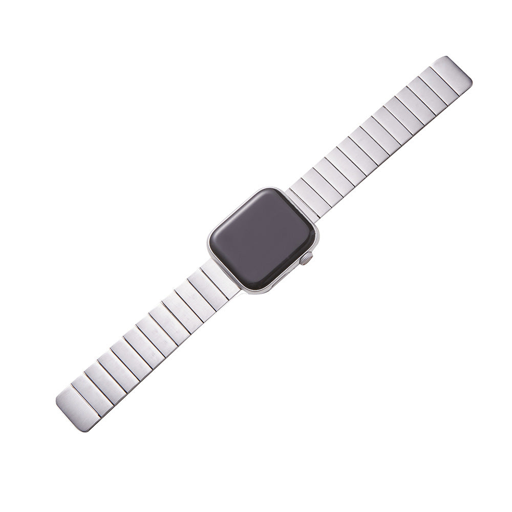 Silver stainless steel magnetic bracelet smartwatch with segmented link band and black square display face