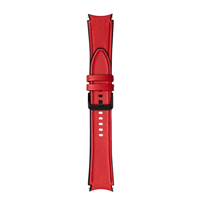 Red leather hybrid smartwatch band with black buckle and adjustment holes for Galaxy Watch and Vivomove