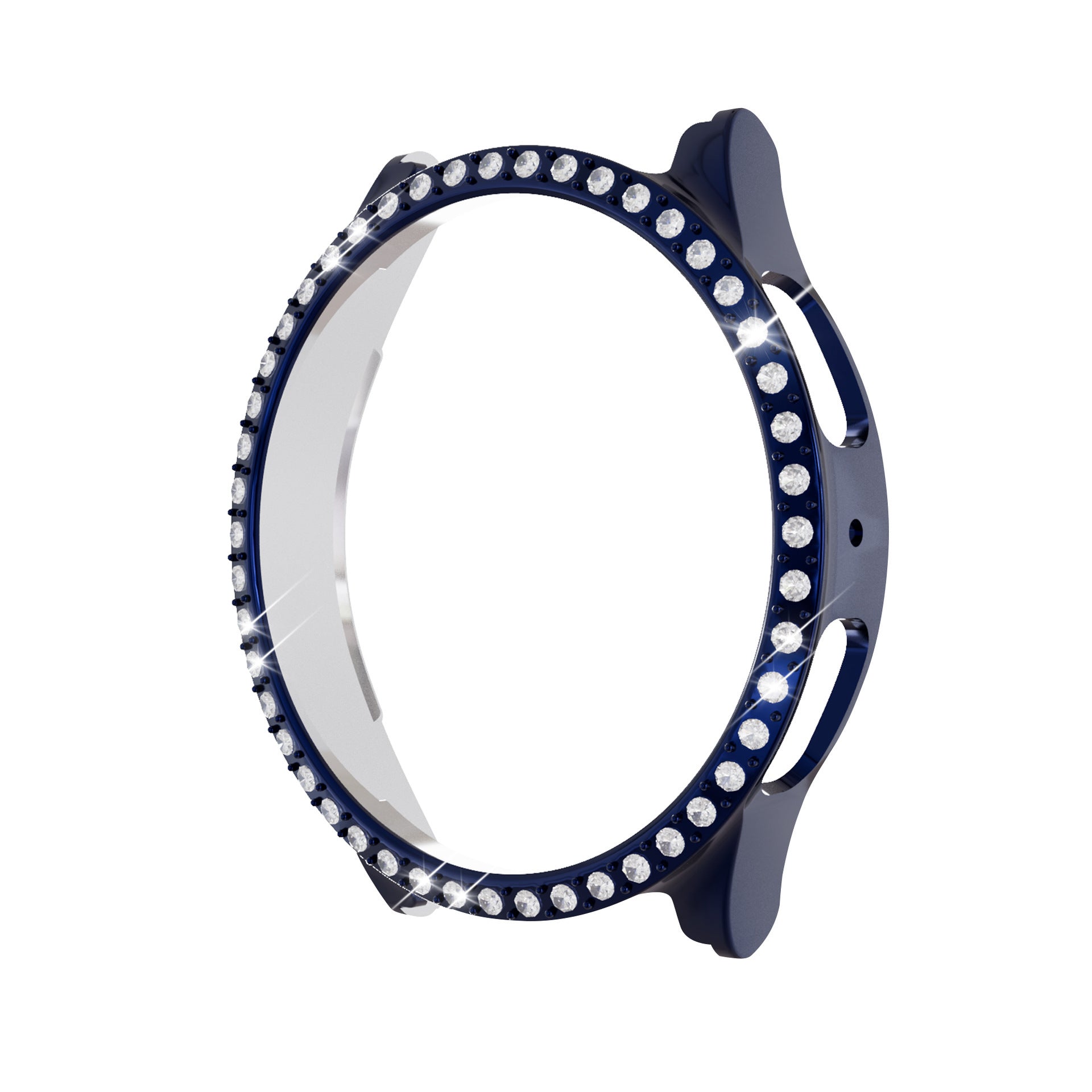 Navy blue protective case with crystal rhinestone bezel for Samsung Galaxy Watch 4 and 5, featuring shatterproof design and stylish sparkle accents