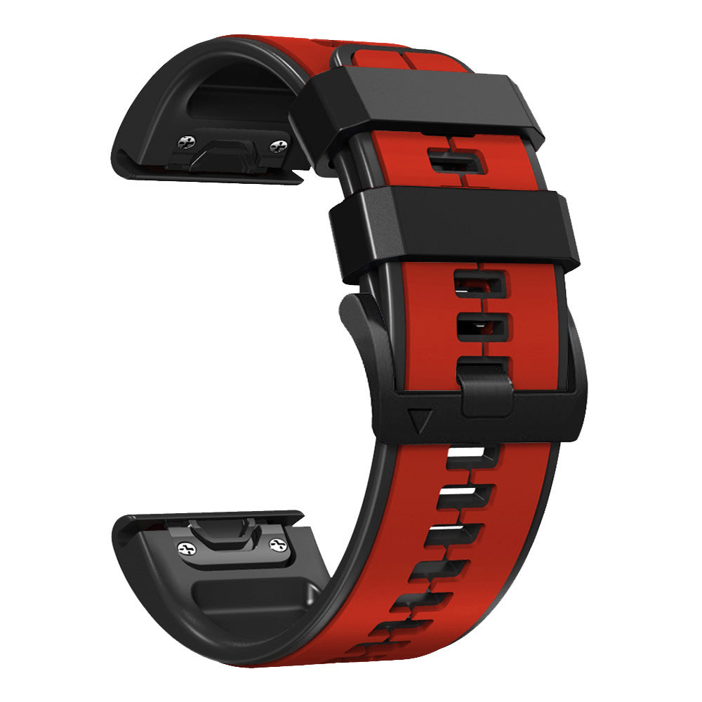 Red and black silicone watch band with quick-fit connectors and adjustable strap closures