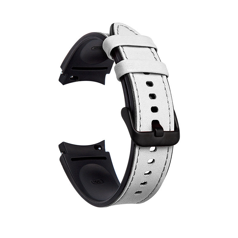 White and black leather hybrid smartwatch band with stitched details and adjustable buckle closure