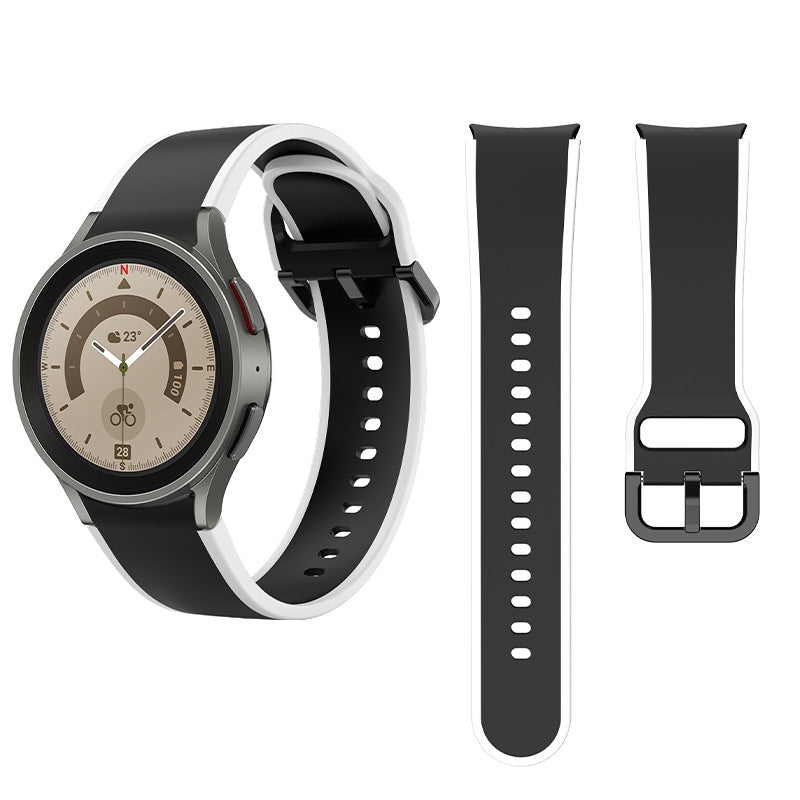 Two-tone black and white silicone watch bands with metal buckles for Galaxy Watch 4-7 and Vivomove HR smartwatches, shown with watch face