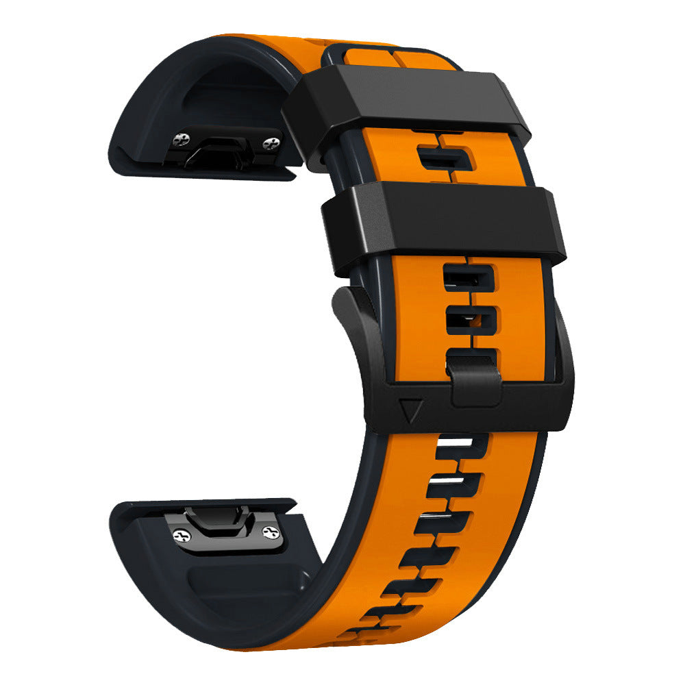 Orange and black silicone quick-fit smartwatch band with flexi design and two-tone color blocking