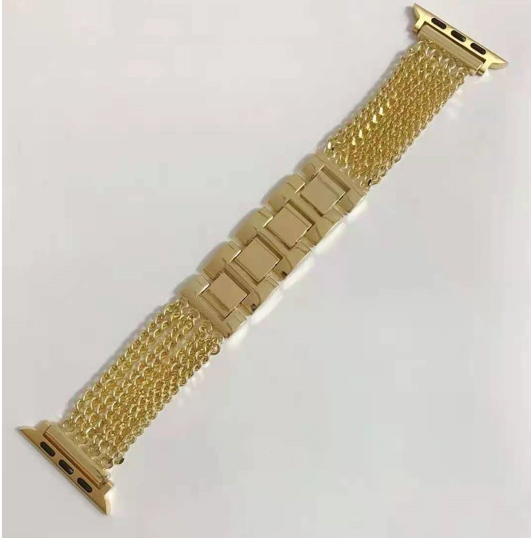 Gold stainless steel chain mesh bracelet with solid center links for Apple Watch band replacement