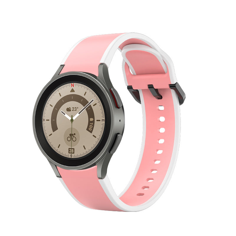 Two-tone pink and white silicone sports band for Galaxy Watch 4 and Vivomove HR smartwatches with secure buckle