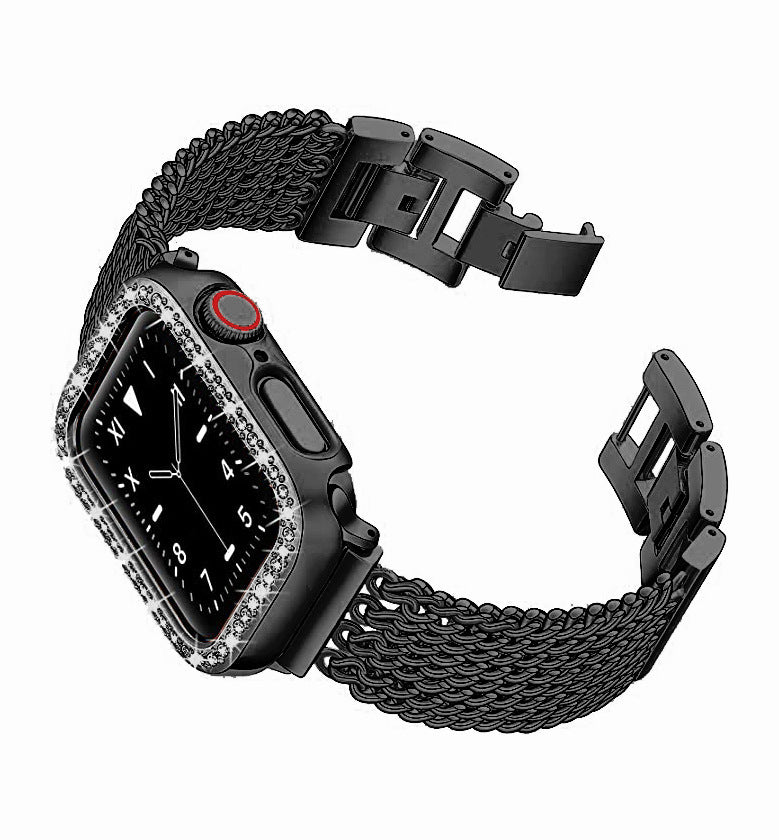Black paracord Apple Watch band with crystal diamond bezel case and metal buckle connector