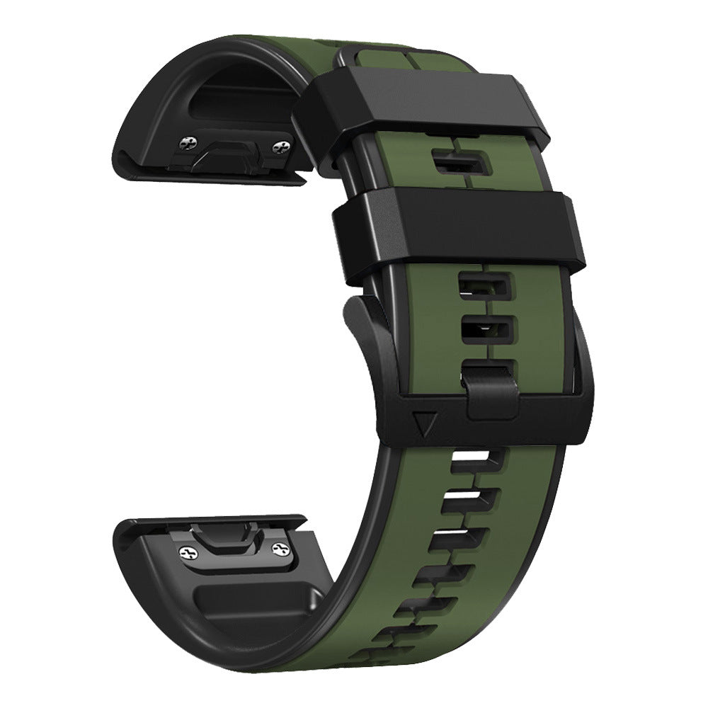 Two-tone olive green and black silicone smartwatch band with quick-fit release buttons and flexible strap design
