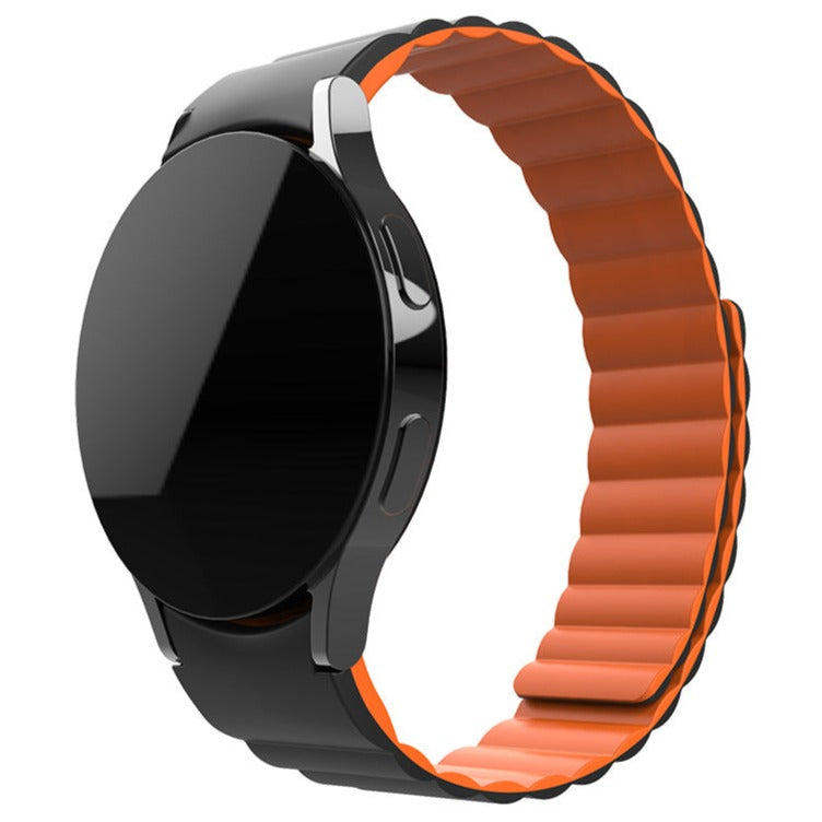 Black smartwatch with orange magnetic silicone gapless band, compatible with Galaxy Watch 4-7 and Vivomove HR