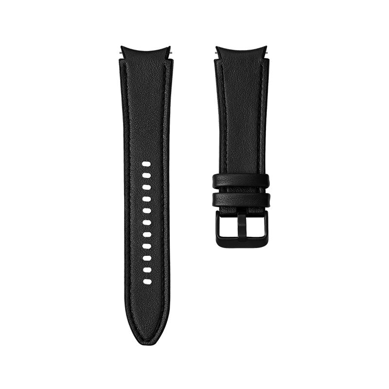 Black leather hybrid smartwatch band with textured finish, adjustable holes, and black buckle closure for Galaxy Watch and Vivomove