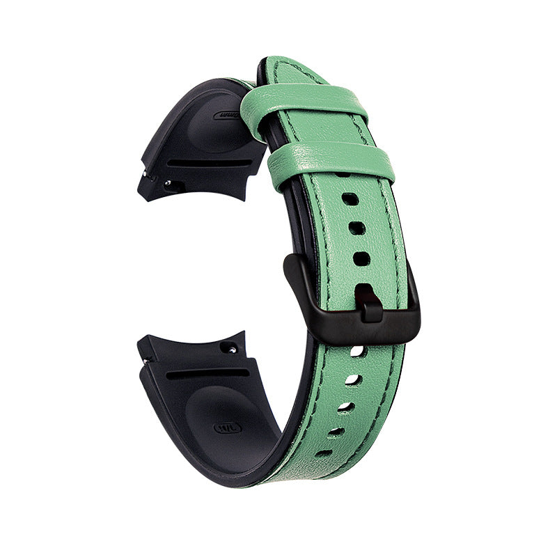 Green leather watch band with black buckle and connector, compatible with Galaxy Watch 4-7 and Vivomove HR smartwatches