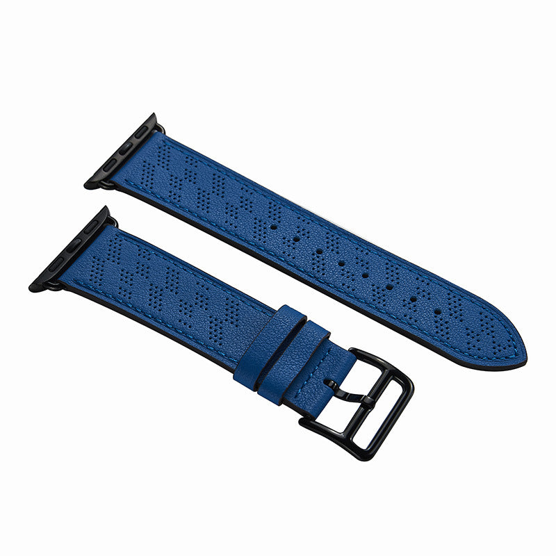 Blue perforated leather Apple Watch band with black connector and buckle closure, single tour style