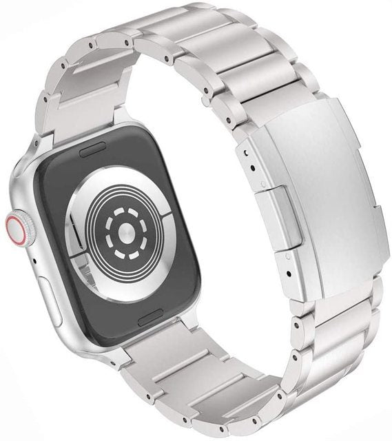 Silver titanium bracelet band for Apple Watch with metal link design and secure clasp connection