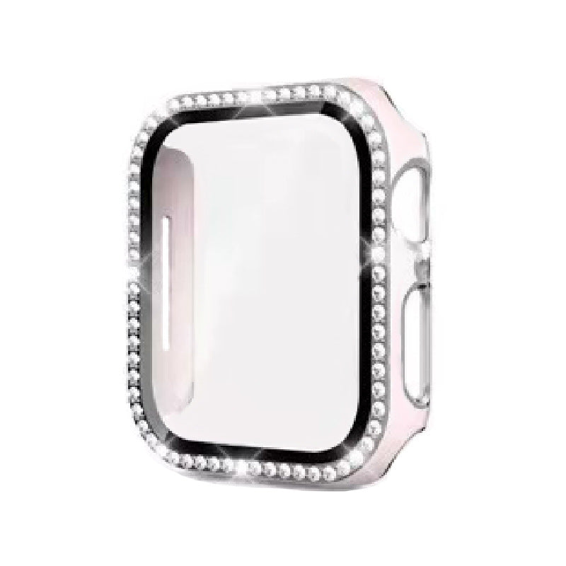 Pink diamond-studded protective case for Apple Watch with crystal rhinestone bezel and tempered glass screen protector