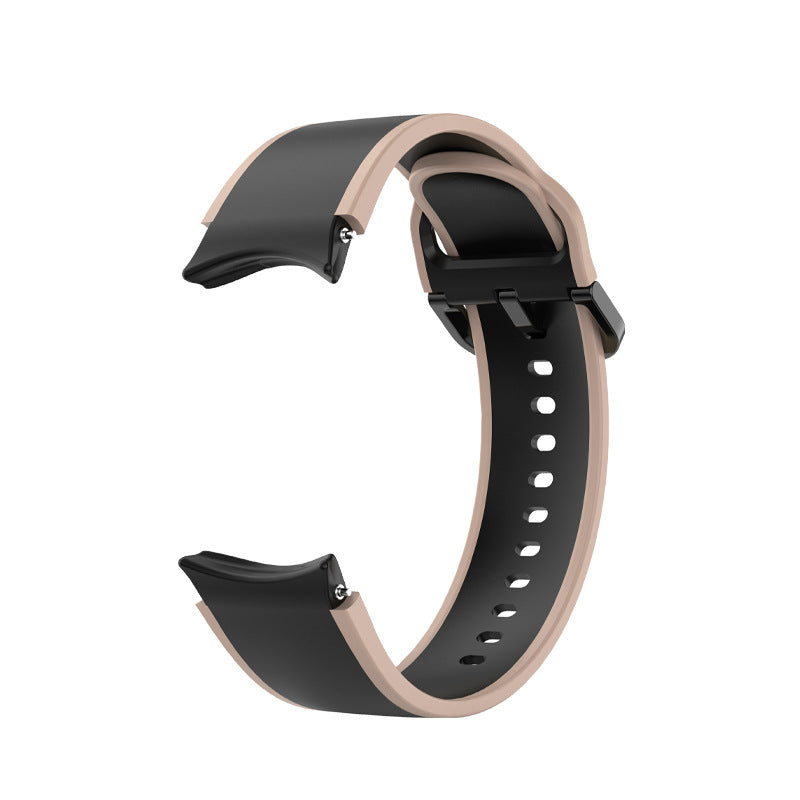 Two-tone silicone smartwatch band with beige and black design, adjustable fit with ventilation holes