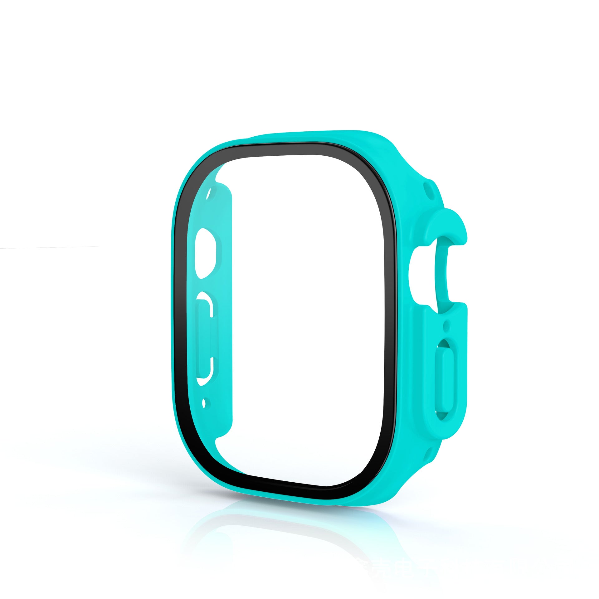 Turquoise protective case for Apple Watch with rounded edges and button cutouts