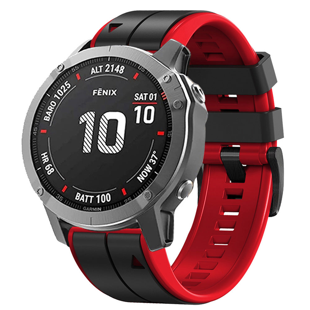 Garmin Fenix smartwatch with black and red two-tone silicone band and gray case showing altimeter and battery display
