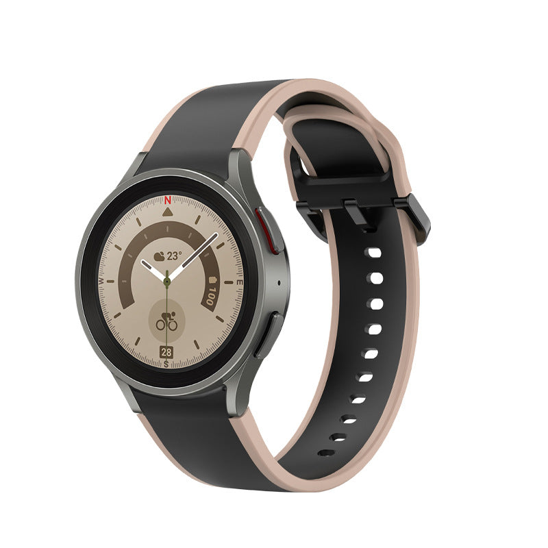 Two-tone smartwatch with gray case, beige and black silicone band, analog dial with temperature display and date window