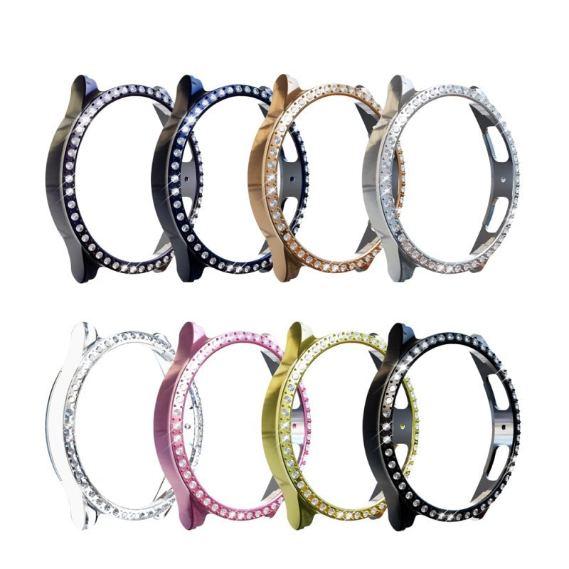 Eight crystal-encrusted smartwatch cases for Galaxy Watch 4 and 5 in black, blue, rose gold, silver, pink, and yellow finishes