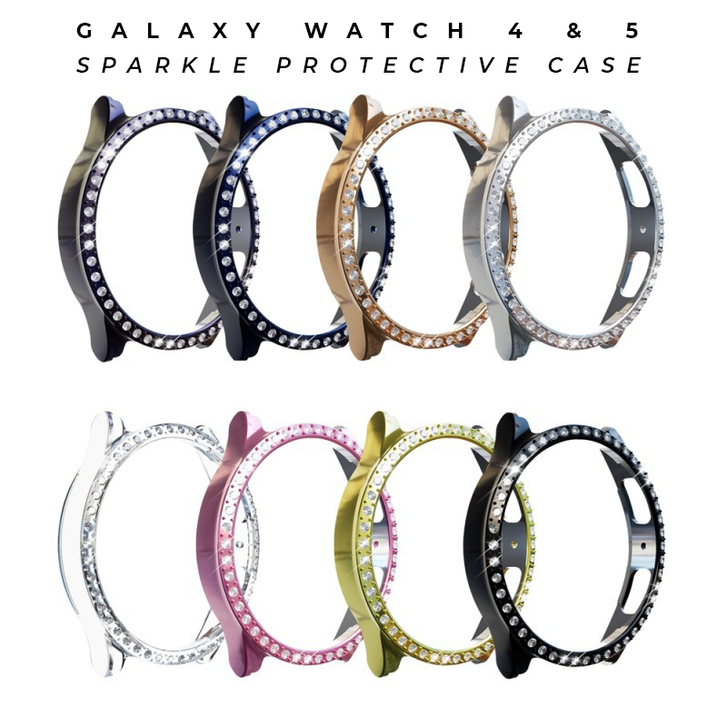 Galaxy Watch 4 and 5 sparkle protective case with rhinestone crystal bezel in eight color options including black, blue, rose gold, silver, white, pink, yellow and olive green