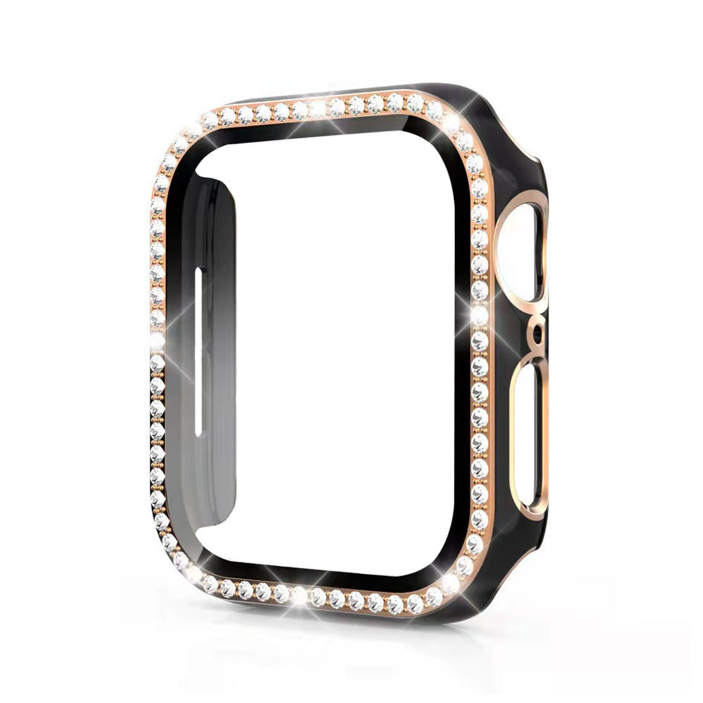 Rose gold diamond rhinestone protective case for smartwatch with black frame and crystal embellishments