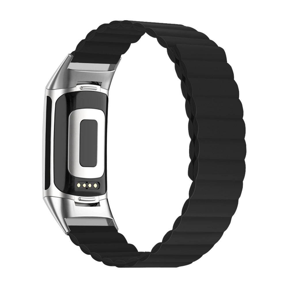 Black silicone loop band with silver magnetic clasp for Fitbit Charge 5 and 6 fitness trackers