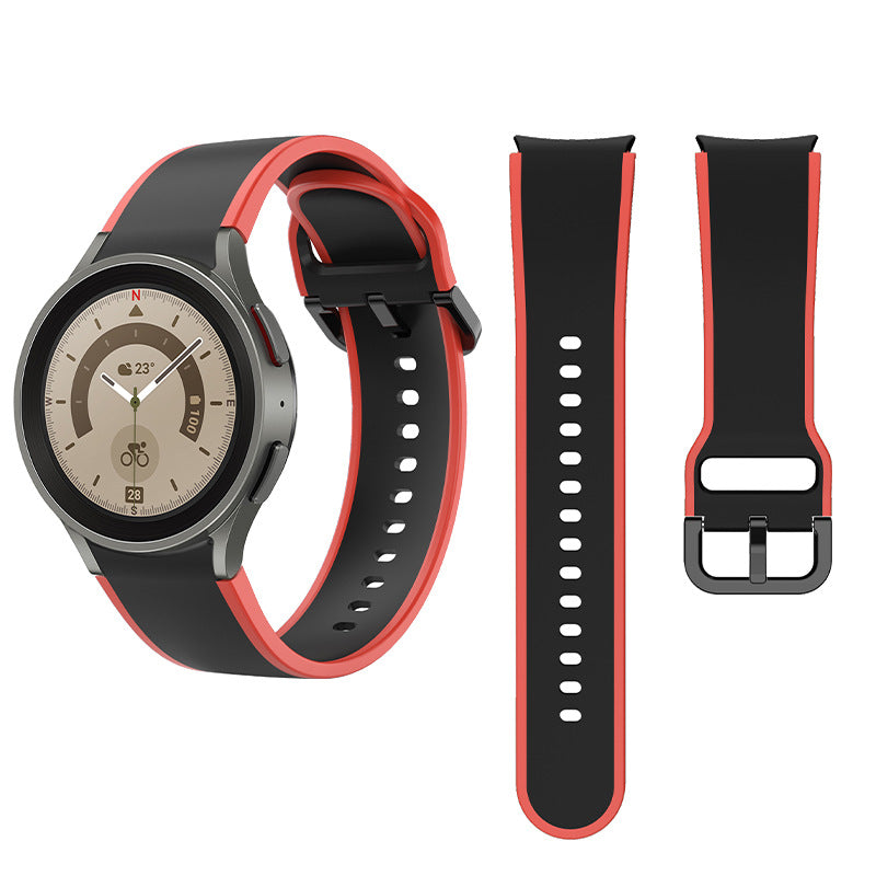 Smartwatch with black and red silicone band shown with two interchangeable strap options and beige dial display
