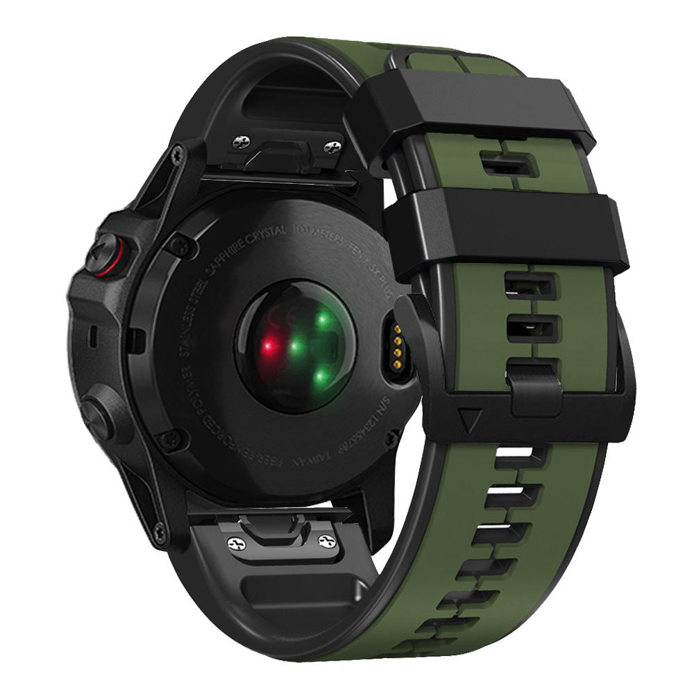 Black smartwatch with olive green silicone band, circular display with LED indicators, and quick-fit strap system