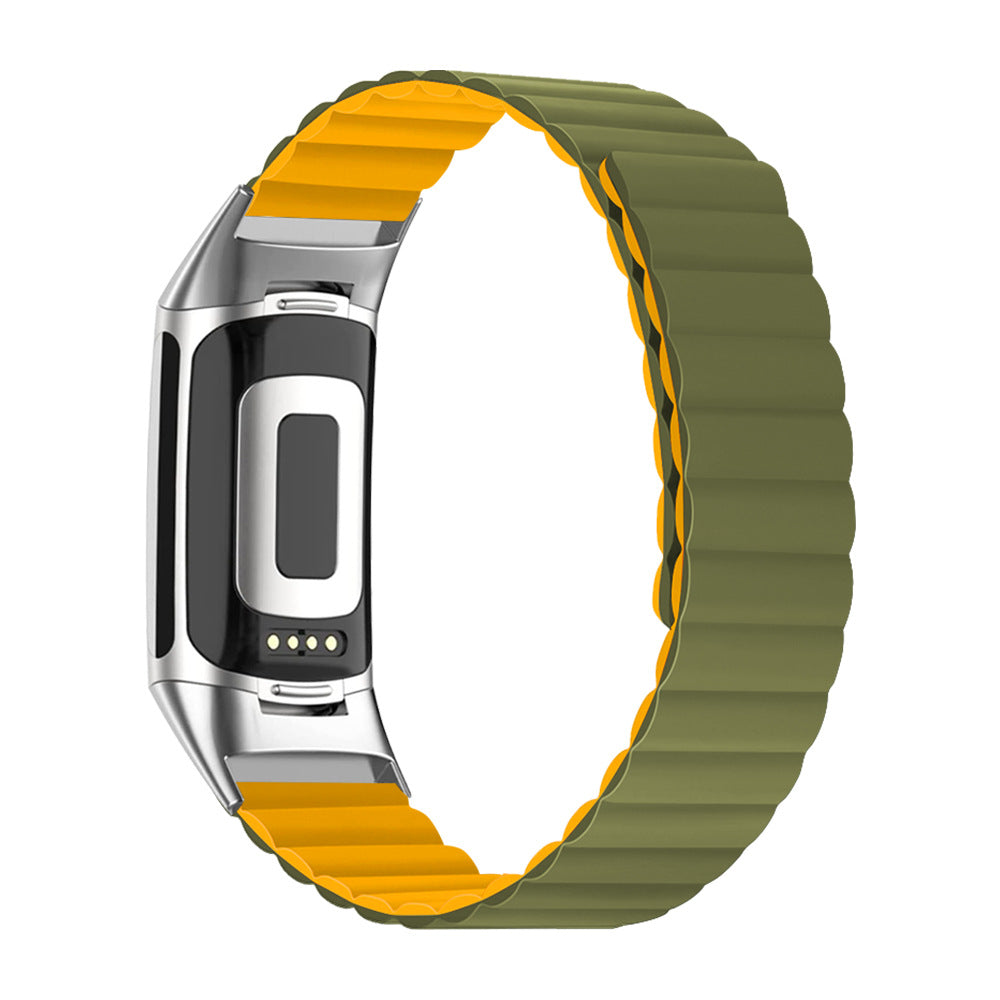Fitbit Charge 5 and 6 fitness tracker with reversible magnetic silicone loop band in olive green and gold yellow