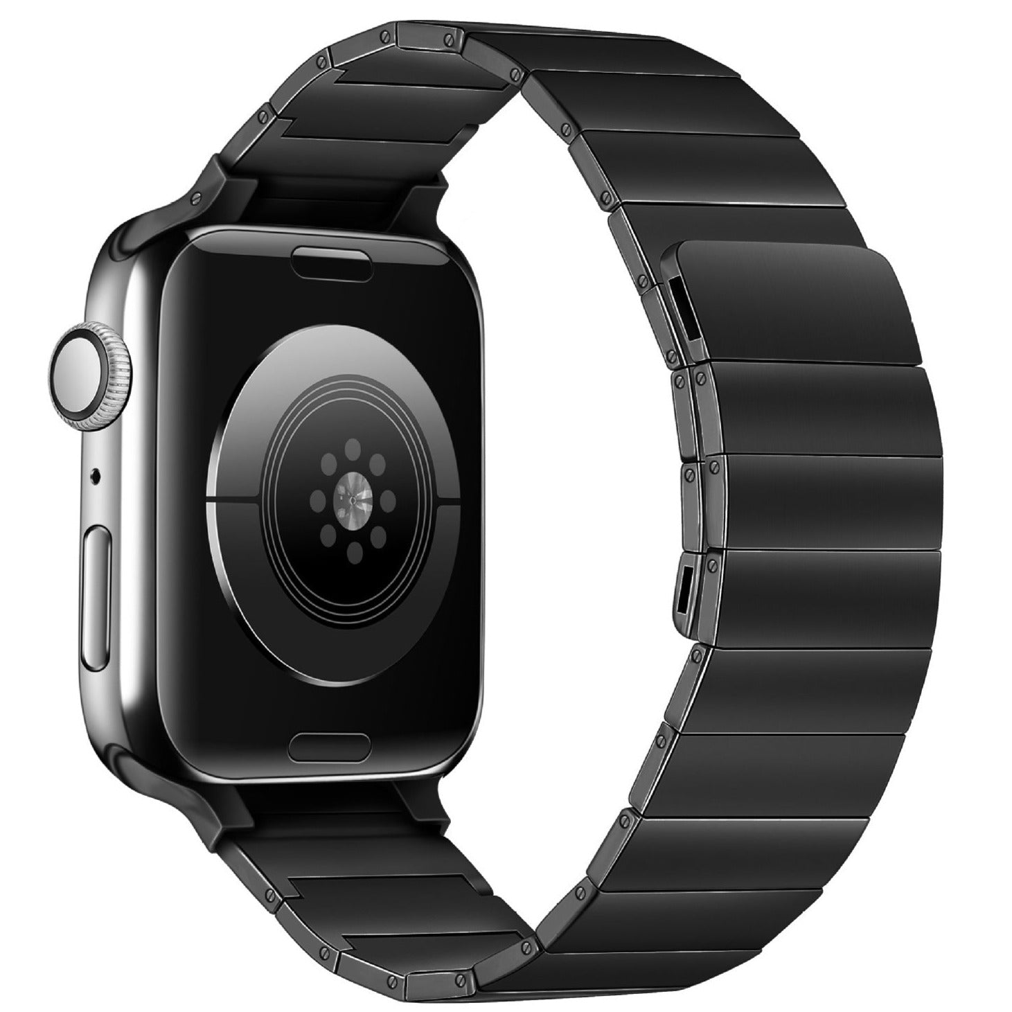 Black stainless steel magnetic bracelet band for smartwatch with segmented links and adjustable closure clasp