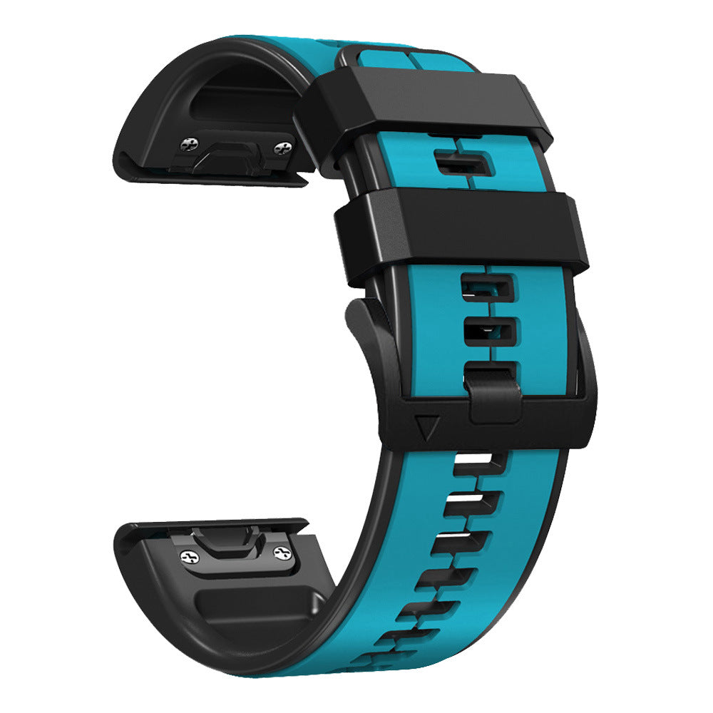 QuickFit Flexi silicone two-tone smartwatch band in turquoise and black with secure fastening system