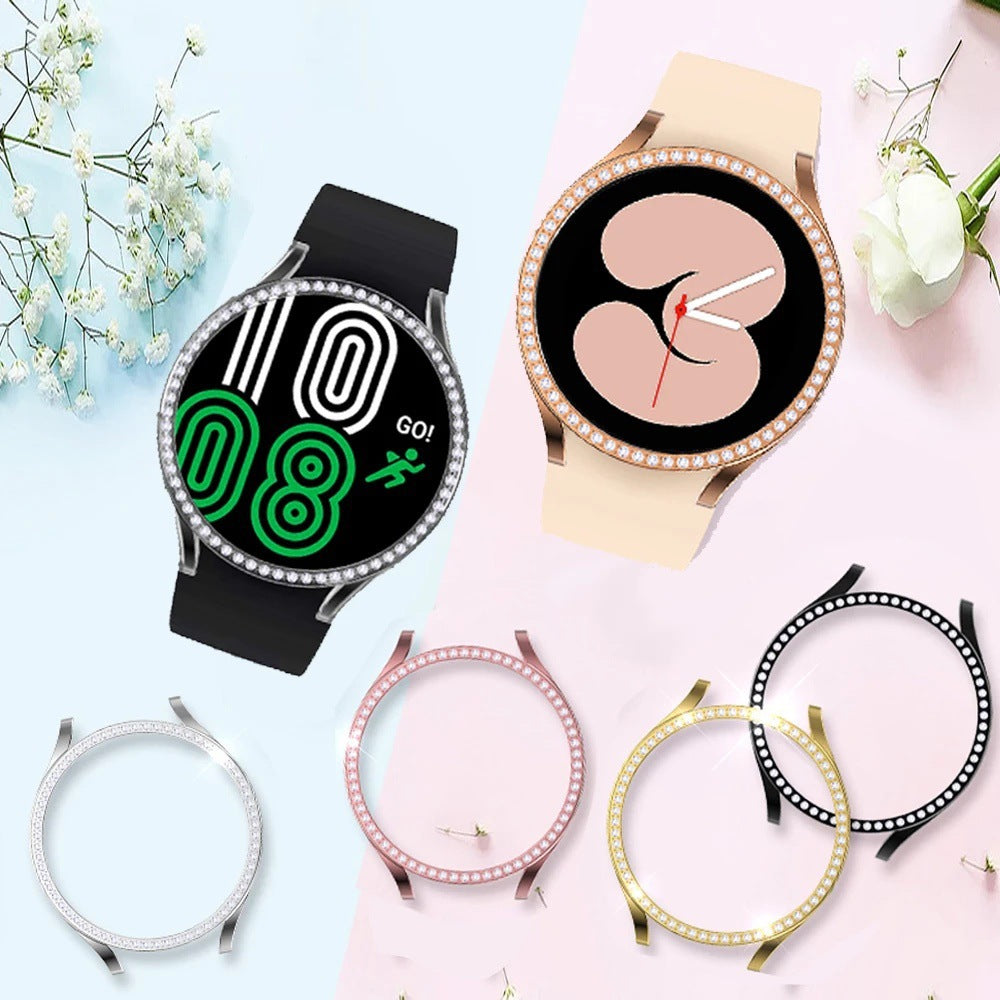 Diamond-encrusted protective cases for Galaxy Watch 4 and 5 in silver, rose gold, black, and gold with crystal rhinestone bezels
