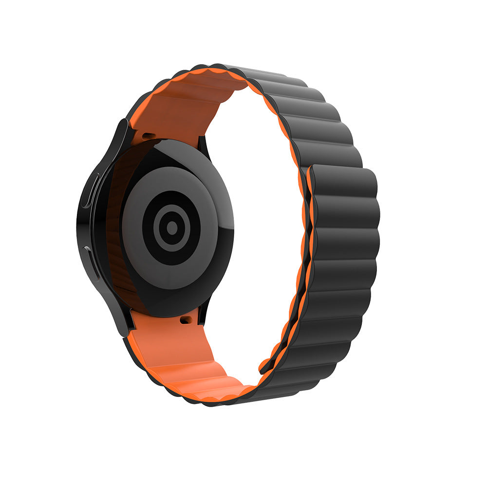 Black and orange magnetic silicone watch band with gapless design for Galaxy Watch 4-7 and Vivomove HR